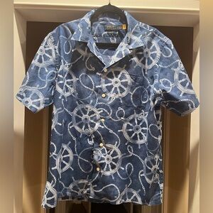 Ralph Lauren Blue and White Nautical Wheel Short-Sleeve Button-Down